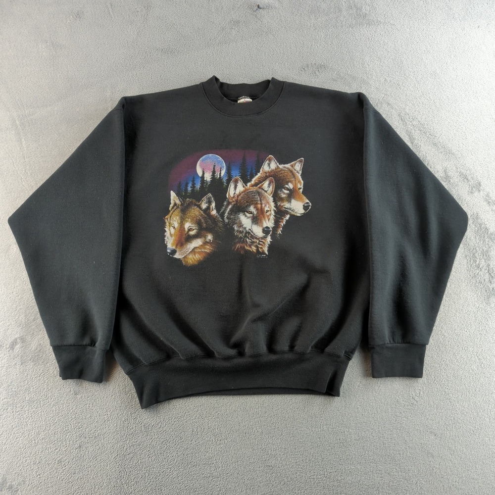 Vintage 90s Fruit of the Loom Wolves Sweatshirt Mens XL Black Moon Graphic - Picture 1 of 10